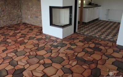 Terracotta Mosaik Wohnbereich unverfugt handgeformt